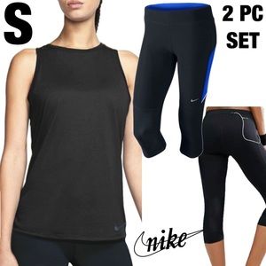 NIKE 2 PC OUTFIT WORKOUT SET Black Loose Fit Tank + Nike Running Capri SMALL